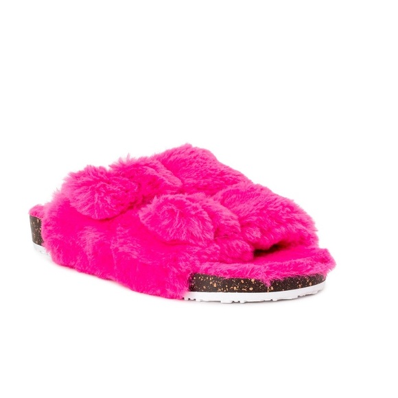 Big kids size 6 Hot pink Two-Buckle Faux Fur Slippers - Picture 2 of 6